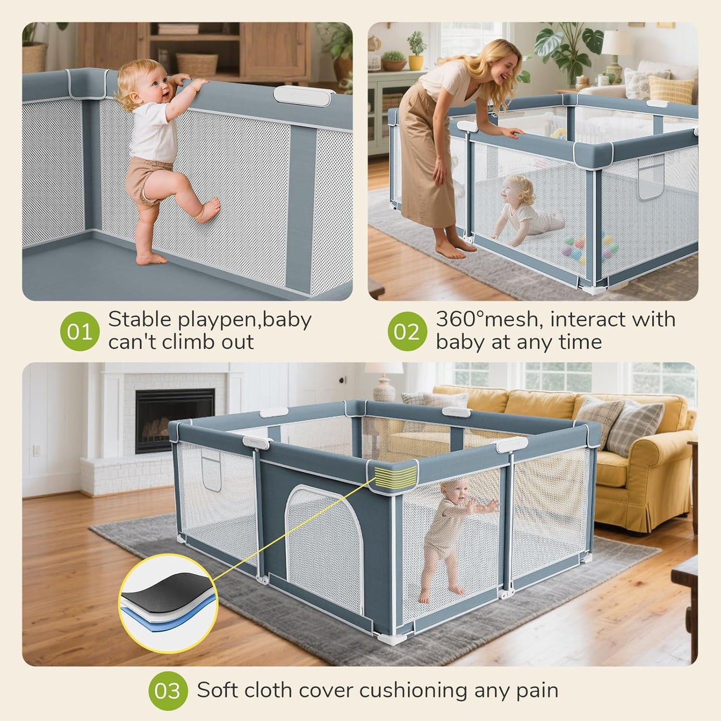 Foldable Baby Playpen - 71"×59" Collapsible Play Pen for Babies and Toddlers - Indoor Outdoor Foldable Play Yard with 4 Handles - Folding Baby Playpen with Bag Portable Travel Play Yard