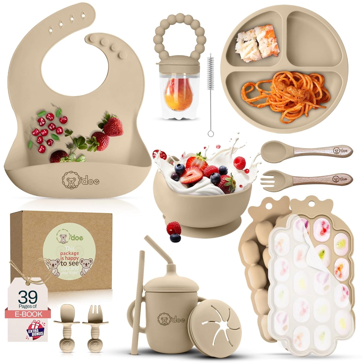O'doe Baby Weaning Set – 15 Pcs Silicone Baby Feeding Set with Suction Plate, Bowl, Bib, Sippy Cup, Fruit Feeder & Freezer Tray – Baby Plates and Bowls Set for 3M+ | BPA-Free Baby Dishes & Utensils