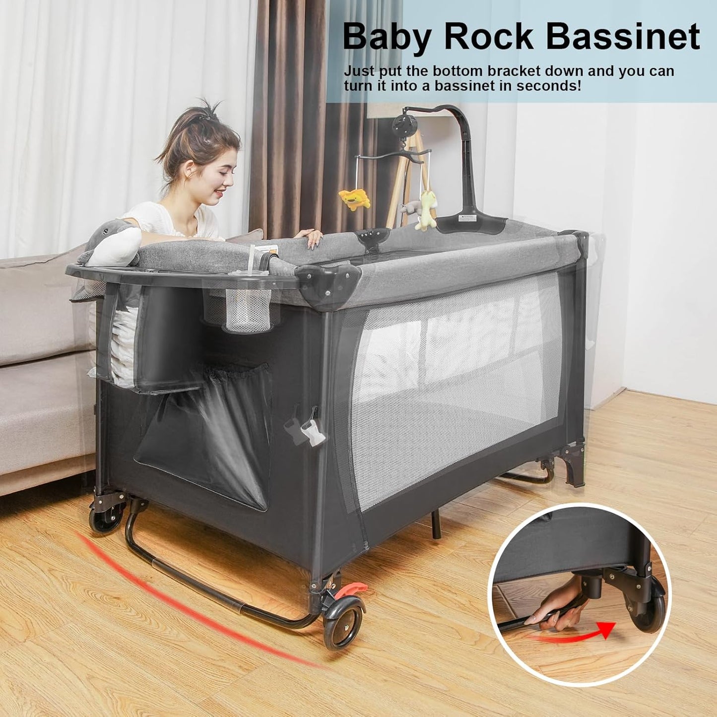 5-in-1 Pack and Play, Baby Bassinet Bedside Sleeper with U-Shaped Diaper Changer, Portable Toddler Playard for Newborn Toddlers, Baby Crib with 4 Adjustable Height, Carry Bag,Easy to Install (Grey)