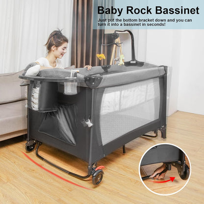 5-in-1 Pack and Play, Baby Bassinet Bedside Sleeper with U-Shaped Diaper Changer, Portable Toddler Playard for Newborn Toddlers, Baby Crib with 4 Adjustable Height, Carry Bag,Easy to Install (Grey)