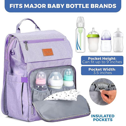 Baby Shower Gifts for Mom - Diaper Bag Backpack - 16 Organizer Pockets Baby Diaper Bag w/ Insulated Bottle Holders & Wipes Pocket, Large Capacity Baby Bag Backpack - Waterproof & Easy to Clean, Purple