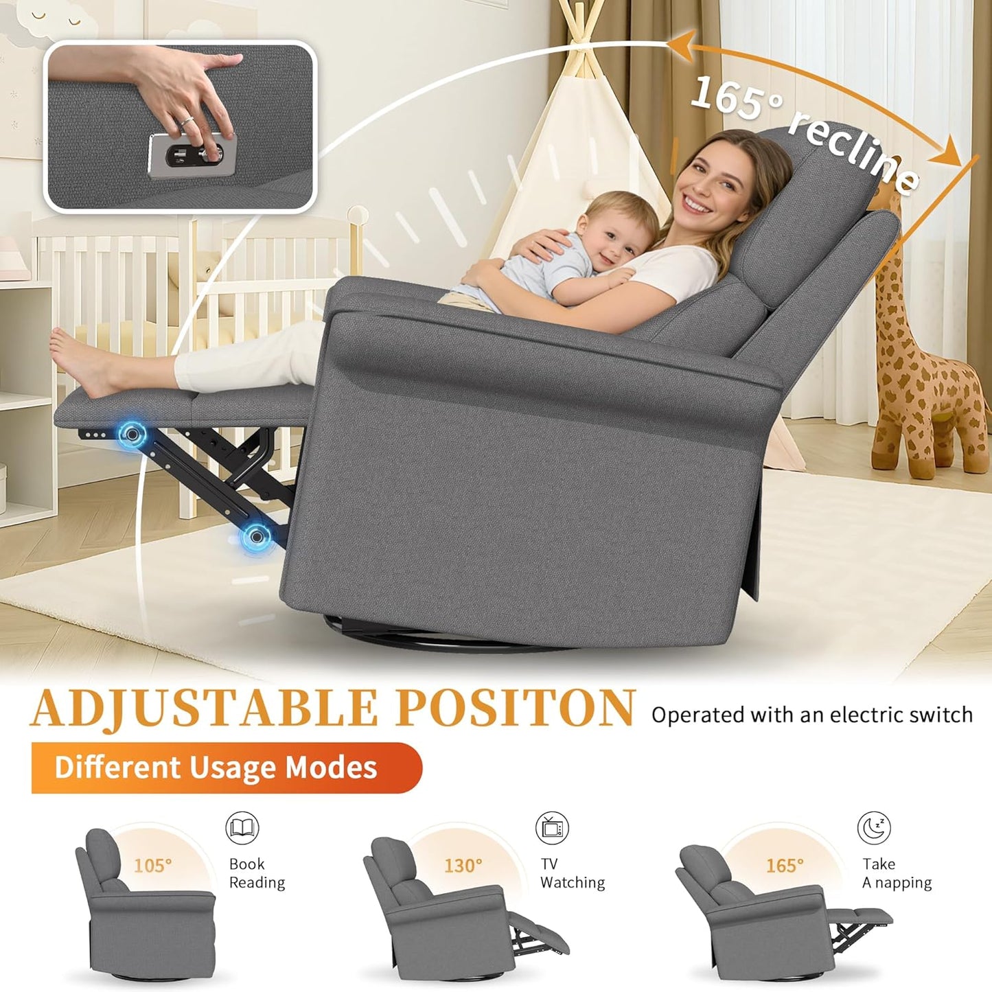Power Swivel Rocker Recliner Chair for Nursery, Upholstered Snowflake Velvet 270°Swivel Glider Rocker Chair with USB Ports, Small Power Recliners for Small Spaces Living Room