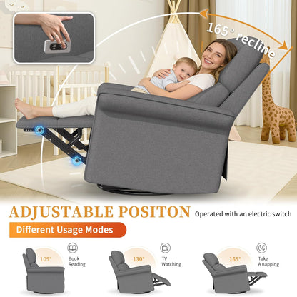 Power Swivel Rocker Recliner Chair for Nursery, Upholstered Snowflake Velvet 270°Swivel Glider Rocker Chair with USB Ports, Small Power Recliners for Small Spaces Living Room