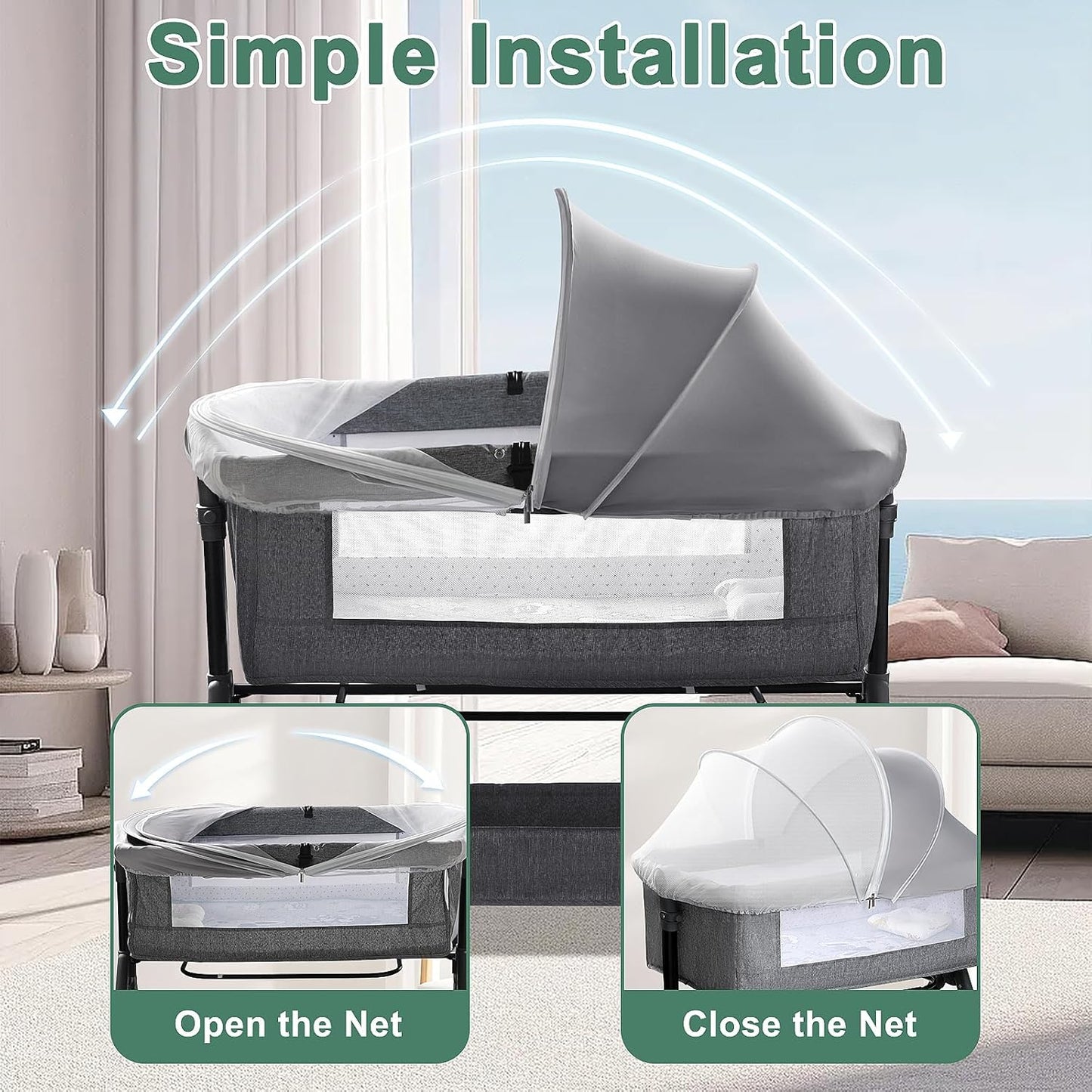 Bassinet Cover for Cats - Blackout Breathable Mosquito Net for Baby Bedside Sleepers & Travel Cribs, 2-Way Zipper Bug Canopy Tent to Block Light & Keep Cats Out (Black-Small)