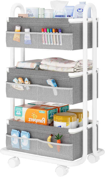 3-Tier Baby Diaper Caddy Organizer Cart, Mobile Nursery Storage Carts with Wheels, 3 Dividers & 6 Mesh Pockets Durable Metal Utility Cart for Nursery, Bedroom, Bathroom, Baby Essentials Organization