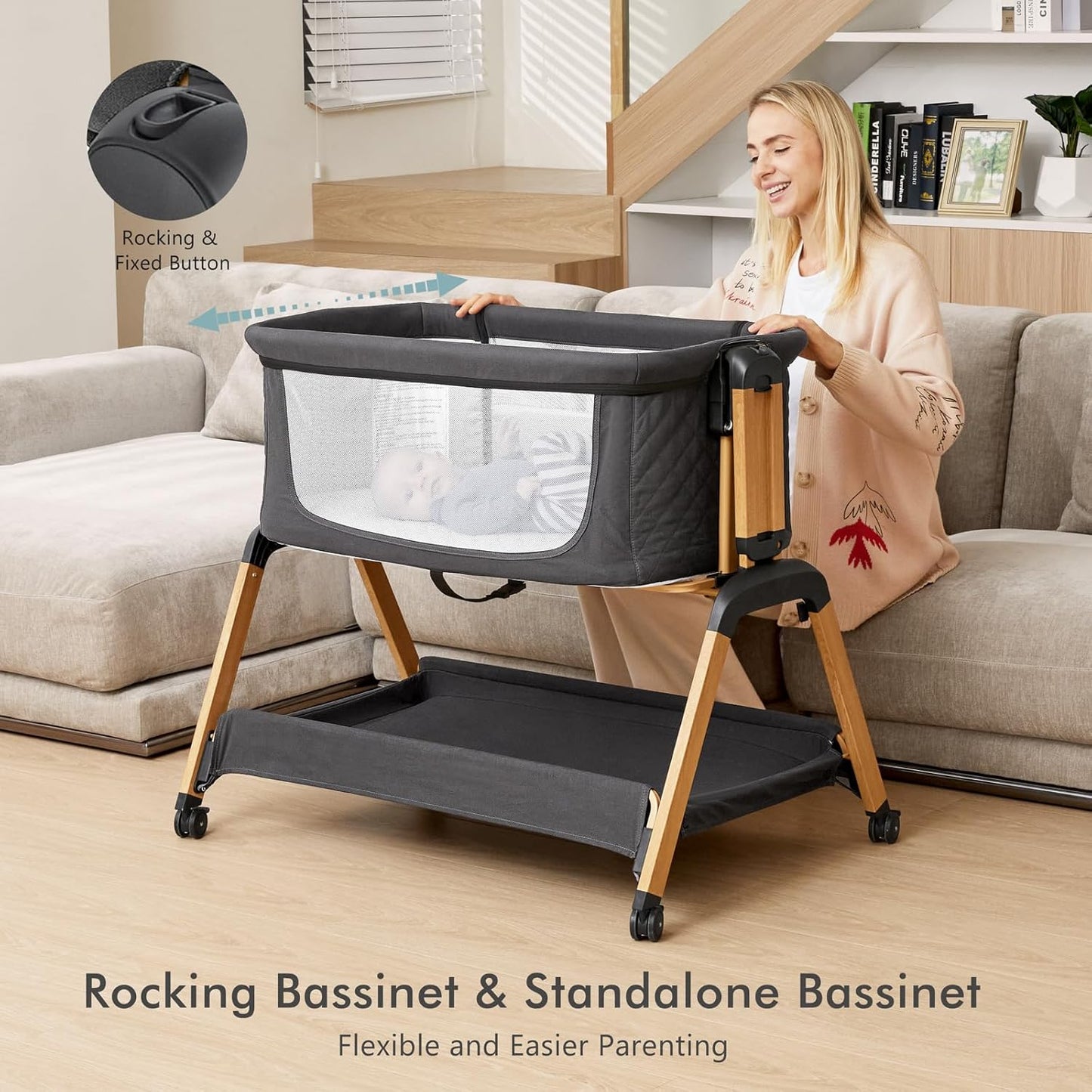 TotRun Bassinet Bedside Sleeper, Rocking Bassinets with Comfy Mattress and Wheels for Newborn, 5-Height Adjustable (Black)