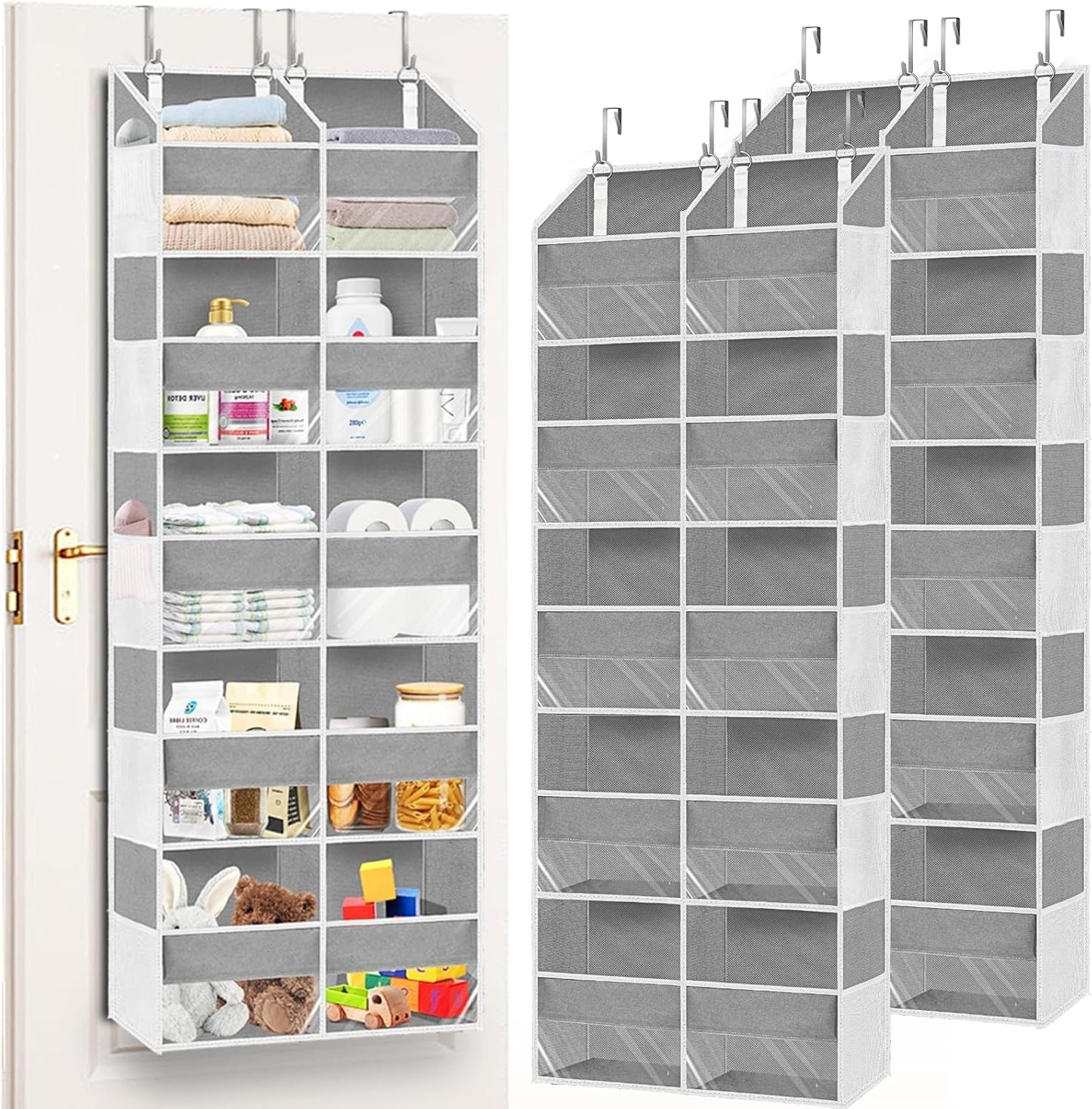 Over The Door Organizer, 5-Tier Extra Large Behind Door Storage with 10 Big Front & 10 Mesh Pockets, 80lb Capacity, Hanging Storage Organizer with Clear Window Kids Toys, Shoes, Diapers, Light Grey