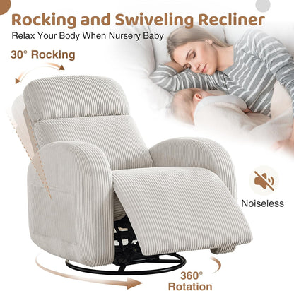 Nursery Glider Recliner, Power Swivel Rocking Recliner with USB & Type-C Port, Swivel Nursering Reclining Rocker with Double Pockets for Living Room, Camel Chenille