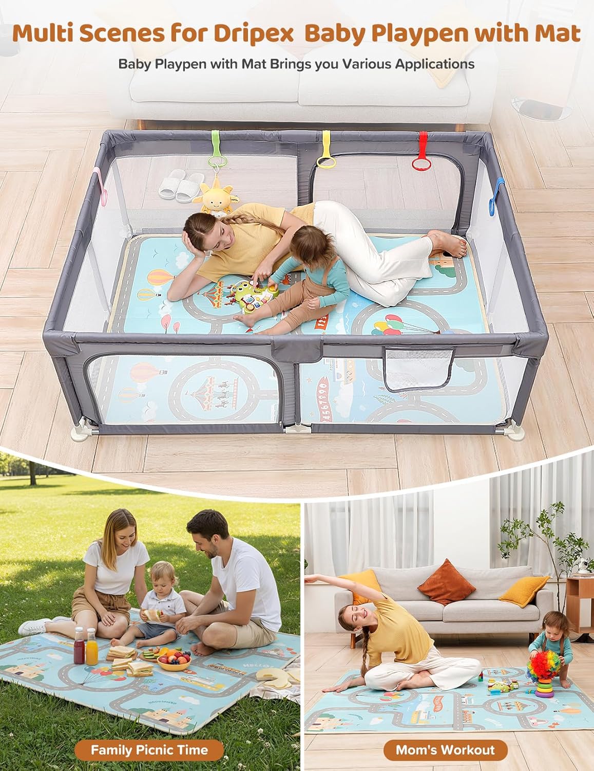 Dripex Baby Playpen, 47"x47" Small Playpen for Babies, Enhanced Safety Baby Play Yard for Indoor & Outdoor, Infant Play Pen with Soft Breathable Visible Mesh, Anti-Fall Design & Easy Setup, Grey