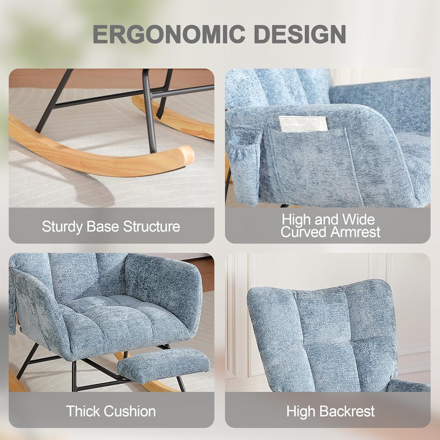 Rocking Chair Nursery with Airbag, Comfy Modern Nursery Rocking Reading Chair indoor with Footrest, Cozy Upholstered Glider Rocker Chairs for Living Room Bedroom Offices(Chenille, Dark Grey)