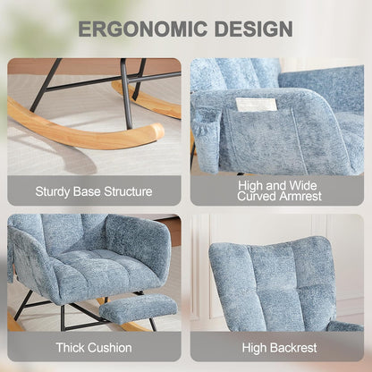 Rocking Chair Nursery with Airbag, Comfy Modern Nursery Rocking Reading Chair indoor with Footrest, Cozy Upholstered Glider Rocker Chairs for Living Room Bedroom Offices(Chenille, Dark Grey)