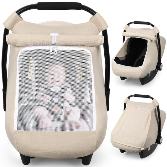 Rquite Car Seat Cover Baby, Carseat Covers Girl Boy, Breathable Muslin Cotton, Large Mesh Window, Infant Car Seat Canopy Baby Carrier Cover Stroller Sun Shade for Summer & Hot Day