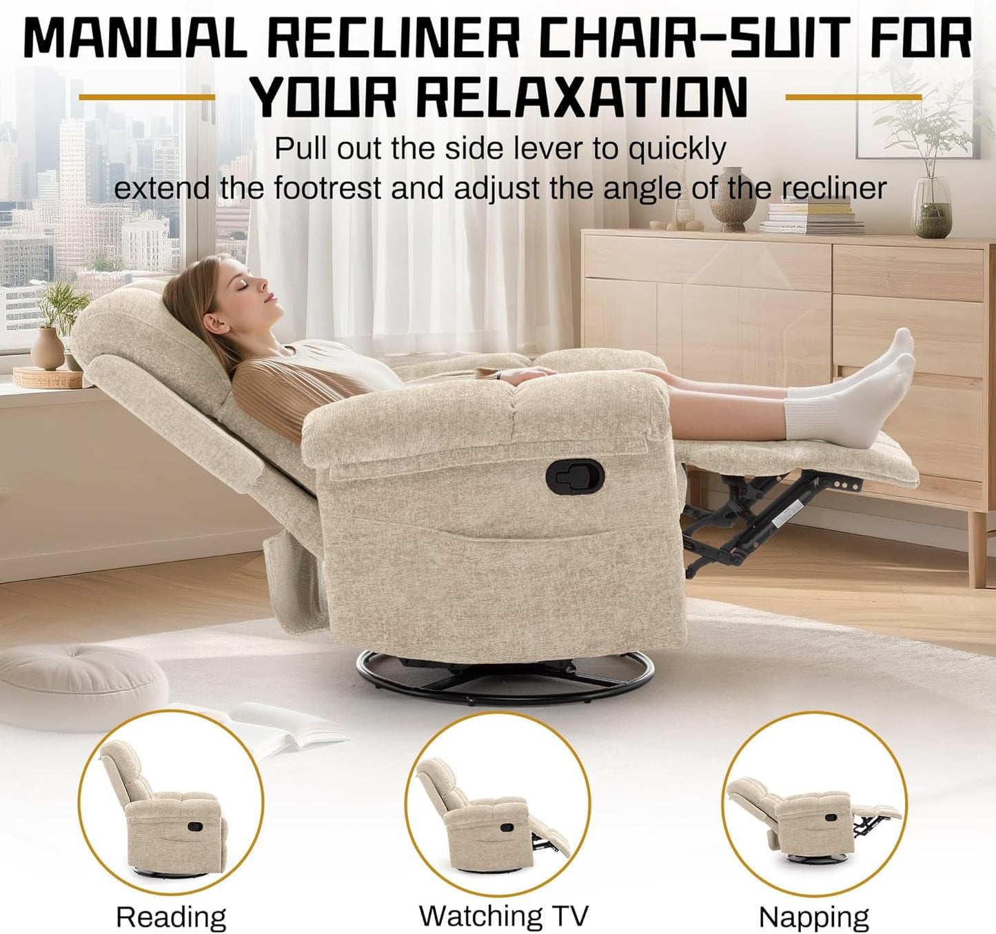 Korser Recliner Chair, Swivel Rocker Recliner Chair for Adults, Small Recliners for Small Spaces, Upholstered Manual Recliner with Side Pockets, Nursery Rocking Chair for Living Room, Chenille, Beige