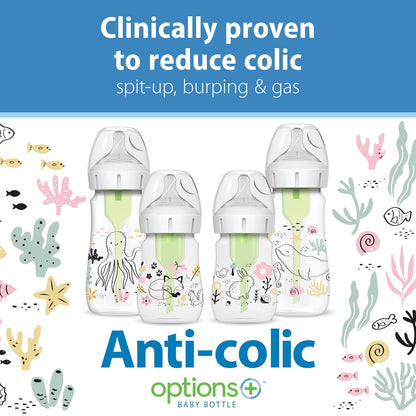 Dr. Brown's Anti-Colic Options + Wide-Neck Baby Bottle Designer Edition Dino Decos, 9oz/270mL, Level 1 Slow Flow Nipple, BPA-Free, 0m+, 2-Pack