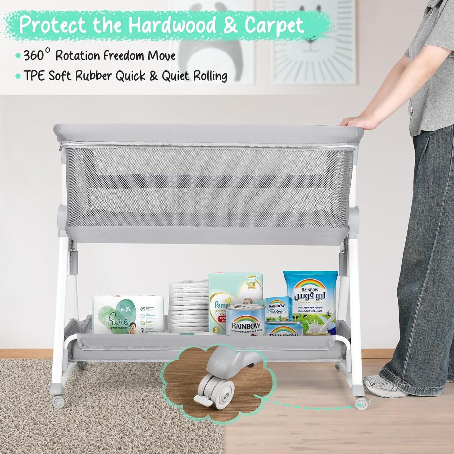 Cowiewie Bassinet Bedside Sleeper, Baby Bassinet with 7 Adjustable Height, Bedside Bassinet for Baby with Storage, Breathable Mesh & Mattress, Portable Bassinet Easy Folding (Pyramid Light Gray)