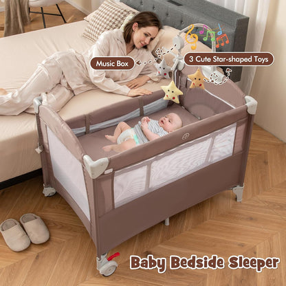 HONEY JOY Pack and Play with Bassinet, 5-in-1 Baby Bedside Sleeper w/Diaper Changing Table & Storage Bag, Toy Arch & Music Box, Detachable Side Rail, Portable Baby Play Yard w/Carry Bag(Gray)