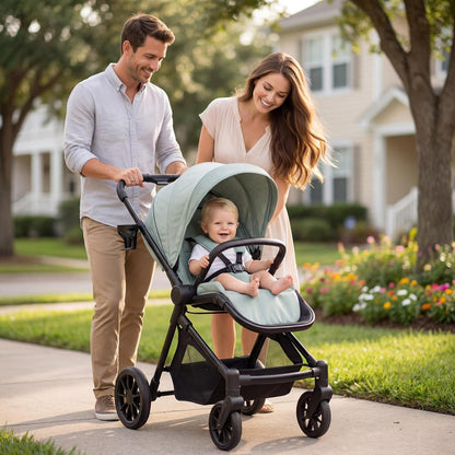 Lightweight High-View Baby Stroller, One-Hand Fold & Compact Storage, Convertible Seat, 5-Point Safety Harness, Foldable Infant Stroller, Grey