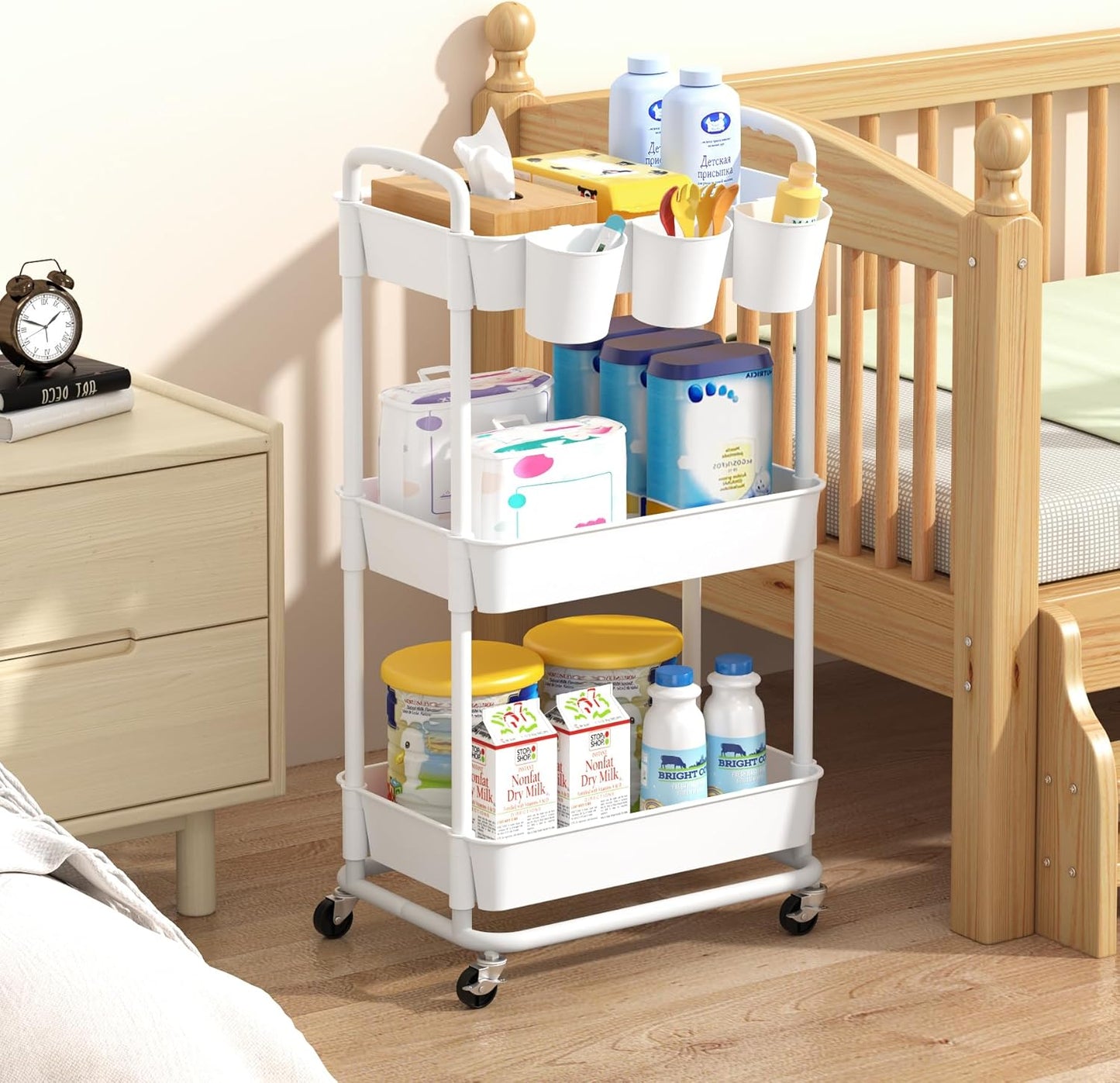 3-Tier Baby Diaper Caddy Organizer Cart with Locking Wheels & Hanging Cups - Rolling Storage Cart for Nursery, Changing Table, Baby Essentials,White