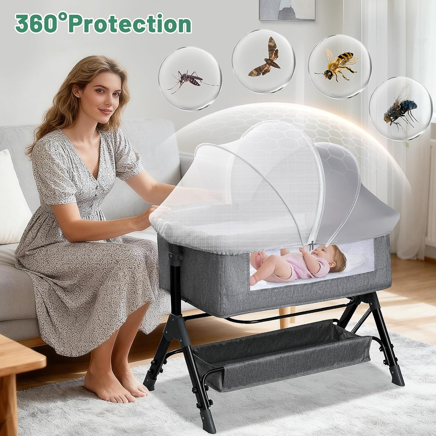 Bassinet Cover for Cats - Blackout Breathable Mosquito Net for Baby Bedside Sleepers & Travel Cribs, 2-Way Zipper Bug Canopy Tent to Block Light & Keep Cats Out (Black-Small)