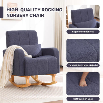 HCHAIRH Nursery Rocking Chair with Ottoman, Upholstered Glider Rocker with High Backrest Side Pocket, Rocking Accent Armchair with Solid Wood Legs for Nursery, Living Room, Bedroom, Light Grey