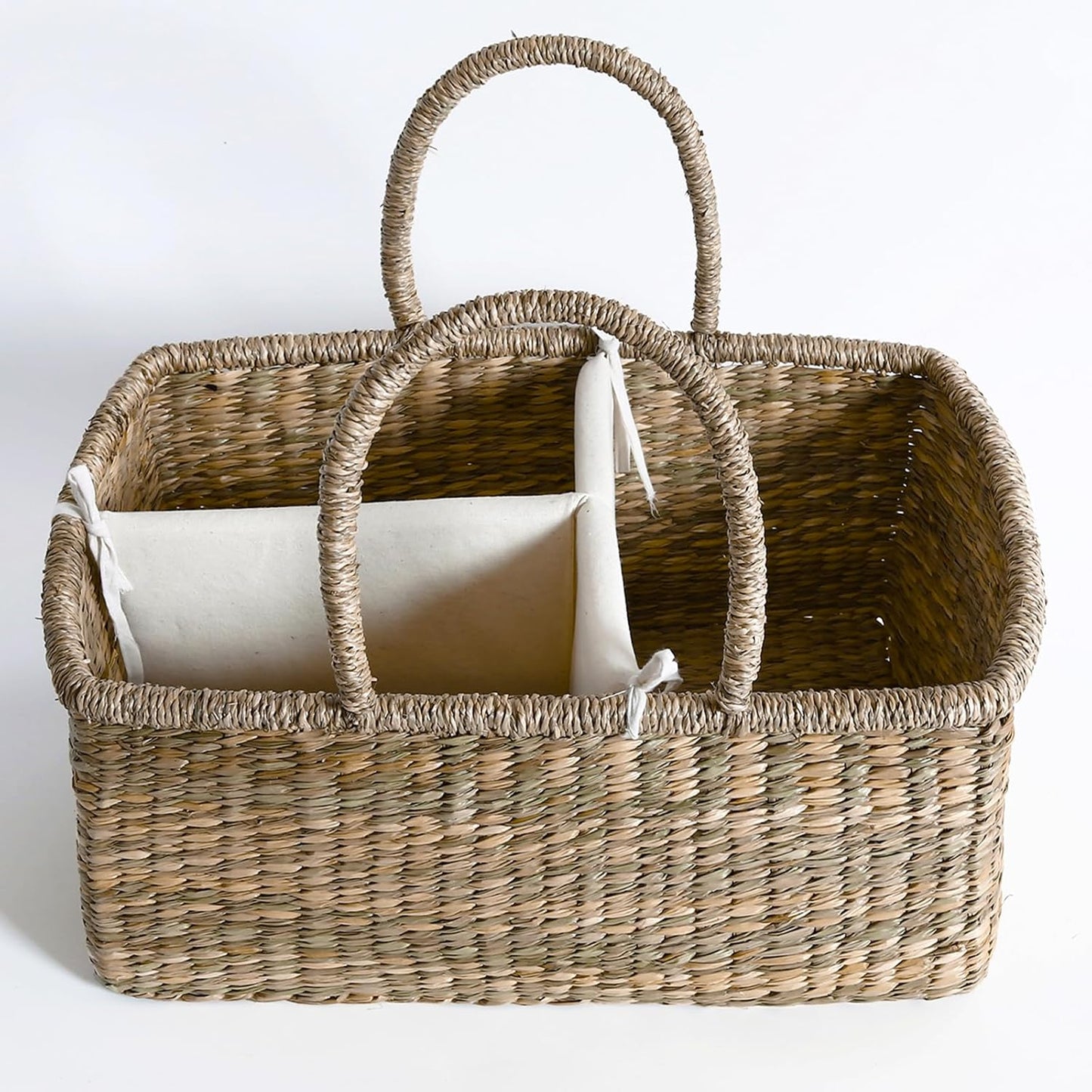 Premium Wicker Baby Diaper Caddy Organizer, Woven Seagrass Basket with Handles, Diaper Basket with Dividers (Seagrass)