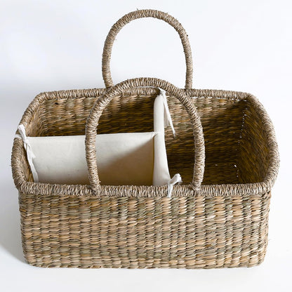 Premium Wicker Baby Diaper Caddy Organizer, Woven Seagrass Basket with Handles, Diaper Basket with Dividers (Seagrass)