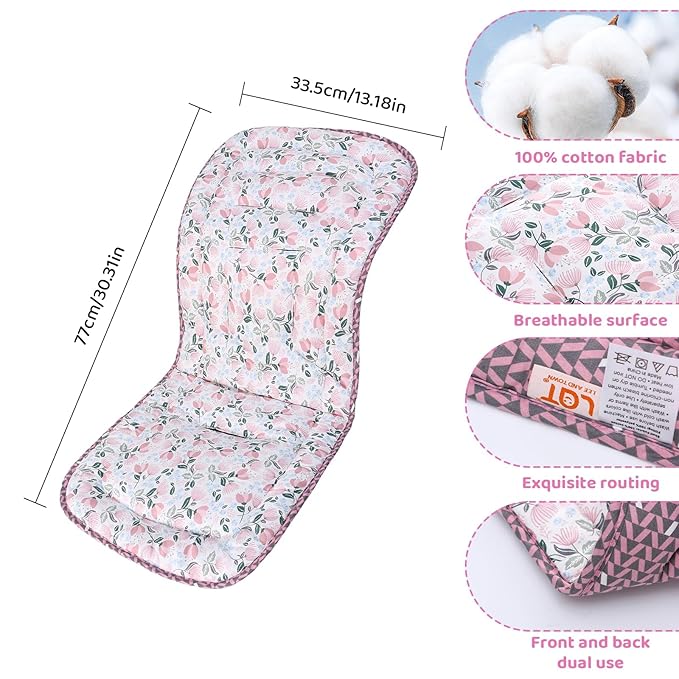 Baby Stroller Cushion,Infant Car Seat Insert-Reversible Universal Breathable and Soft Newborn seat Liner for Stroller,100% Cotton Seat Pad Liner for Newborns-34x78cm,1 Pack(Pink Tulip+Pink Triangle)