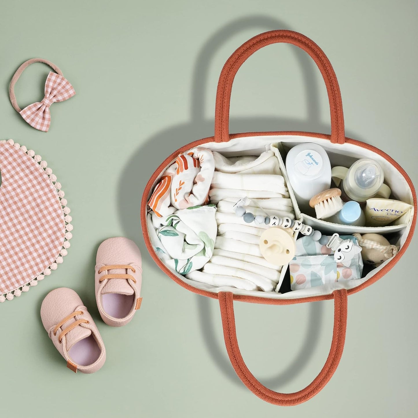 Baby Diaper Caddy Organizer for Girl Boy Rope Nursery Storage Bin Basket Portable Holder Tote Bag for Changing Table Car Travel Baby Shower Gifts Newborn Essentials Registry Must Have Items Pink