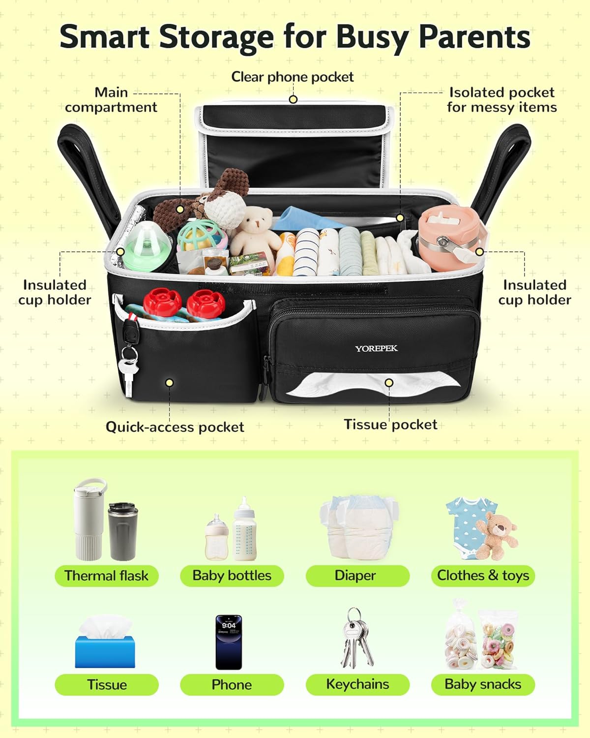 YOREPEK Spacious Stroller Caddy Fits for UPPAbaby Vista/Minu/Cruz, Adjustable Stroller Organizer with 2 Insulated Cup Holders, Easy-clean Stroller Bag for Travel, Walks, Accessories, Baby Essentials
