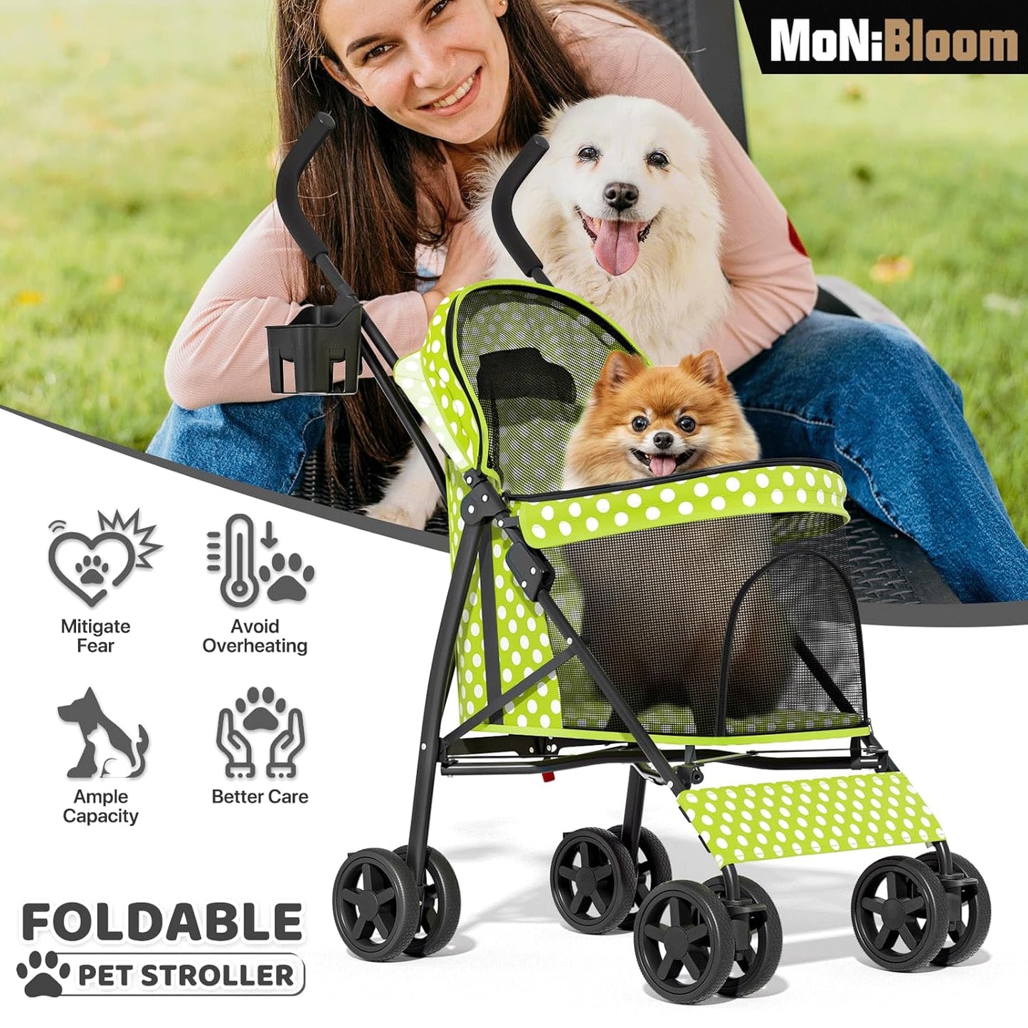 MoNiBloom 4 Wheels Pet Stroller, Easy-Fold Puppy Cage Jogger Stroller with Sun Cover, Pad and Rear Storage Bag, Breathable and Visible Mesh for Small/Medium Pets up to 22 lbs, Black