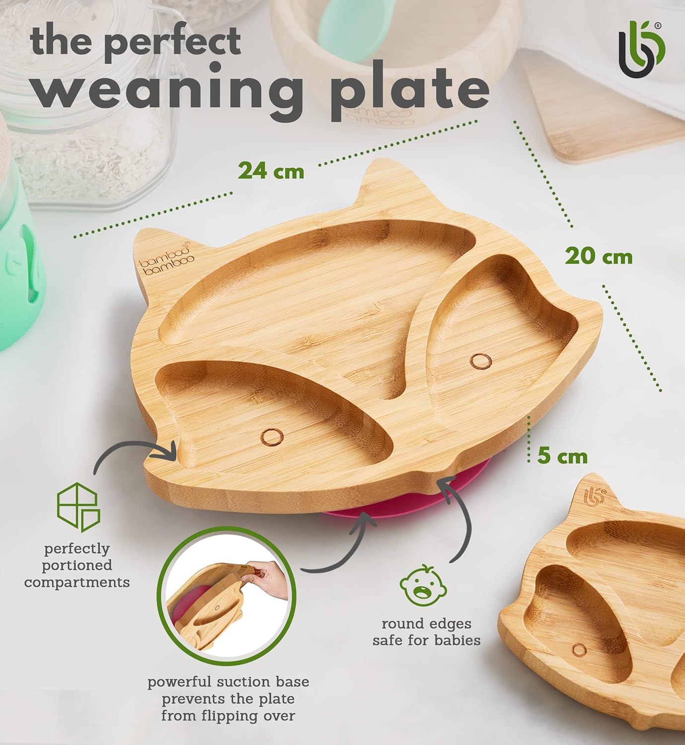 bamboo bamboo Baby and Toddler Plate for Feeding and Weaning, Bamboo Fox Plate with Secure Suction Cup for Babies from 6 Months (Fox, Pink)