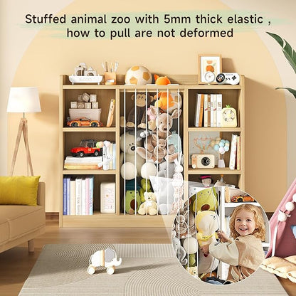 Toddler Stuffed Animal Zoo, Toy Storage Organizer for Playroom, Plush Toy Organizers and Storage, Book Shelf for Kids Rooms, Elastic Band Child Bookcase, Toy Shelf with 8 Storage Cubbies (Maple Wood)