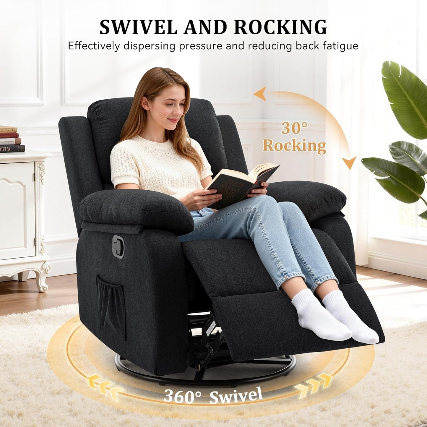 Korser Recliner Chair, 360 Swivel Rocker Chair for Adults, Small Rocking Recliner for Small Spaces, Upholstered Fabric Glider Recliner Nursery