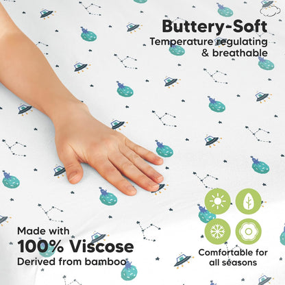 2-Pack Waterproof Pack and Play Sheets, Mini Crib Sheets Fitted for Boy, Girl - 38 x 26 Viscose from Bamboo Pack N Play Mattress Sheets for Graco, Toddler Playard Baby Crib Sheets Neutral (Blue Flax) - Colors A
