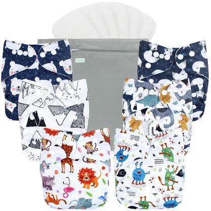 wegreeco Cloth Diapers 6 Pack with 6 Inserts & 1 Wet Bag, Washable Cloth Diapers for Babies, One Size Adjustable Reusable (Flower)
