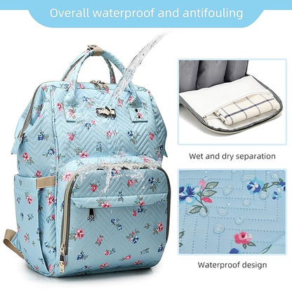 GAIVP Diaper Bag Backpack for Women, Baby Bags for Girls,Diaper Bag with Changing Pad, and Insulated Pockets-Blue Flowers