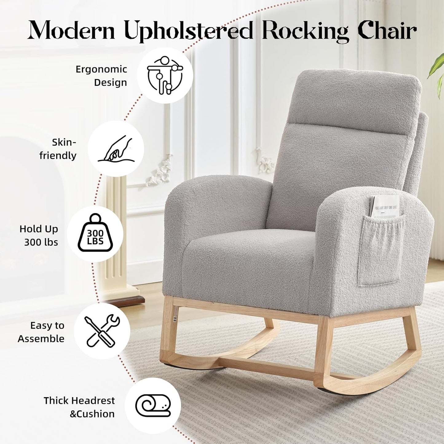GAOMON Rocking Chair Glider for Nursery, Comfy Rocker Nursery with Side Pocket & High Backrest, Baby Rocking Chair for Breastfeeding, Upholstered Rocker & Living Room, Beige