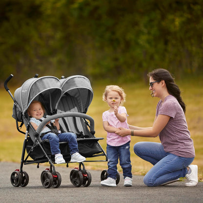 Dream On Me Volgo Twin Umbrella Stroller in Black, Lightweight Double Stroller for Infant & Toddler, Compact Easy Fold, Large Storage Basket, Large and Adjustable Canopy