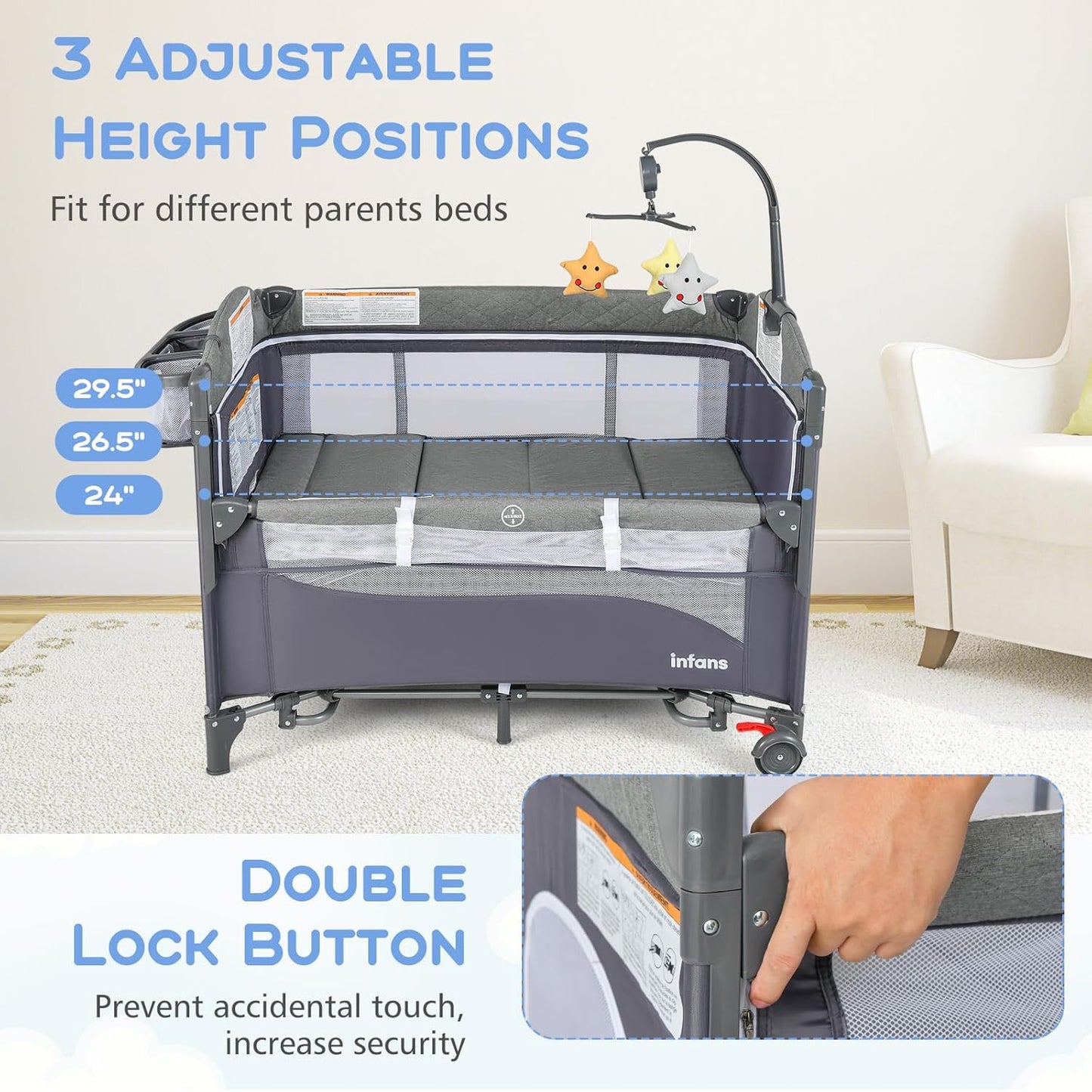 INFANS Pack and Play, 5 in 1 Baby Bedside Sleeper with Bassinet, Diaper Changer, Mattress, Carry Bag, Music Box Hanging Toys, Foldable Bedside Crib, Portable Playard for Newborn Toddlers (Gray)
