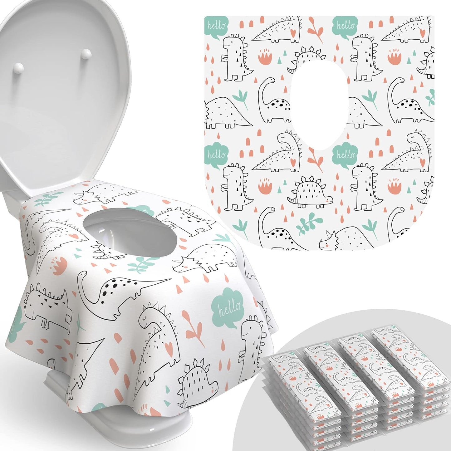 Relyo Disposable Toilet Seat Cover for Travel – 20 Pack with Covers Wrapped in Sets of 2, Non-Flushable Liners, Fits Most Seats – Kids, Toddlers, Adults (Dinosaurs, 20)