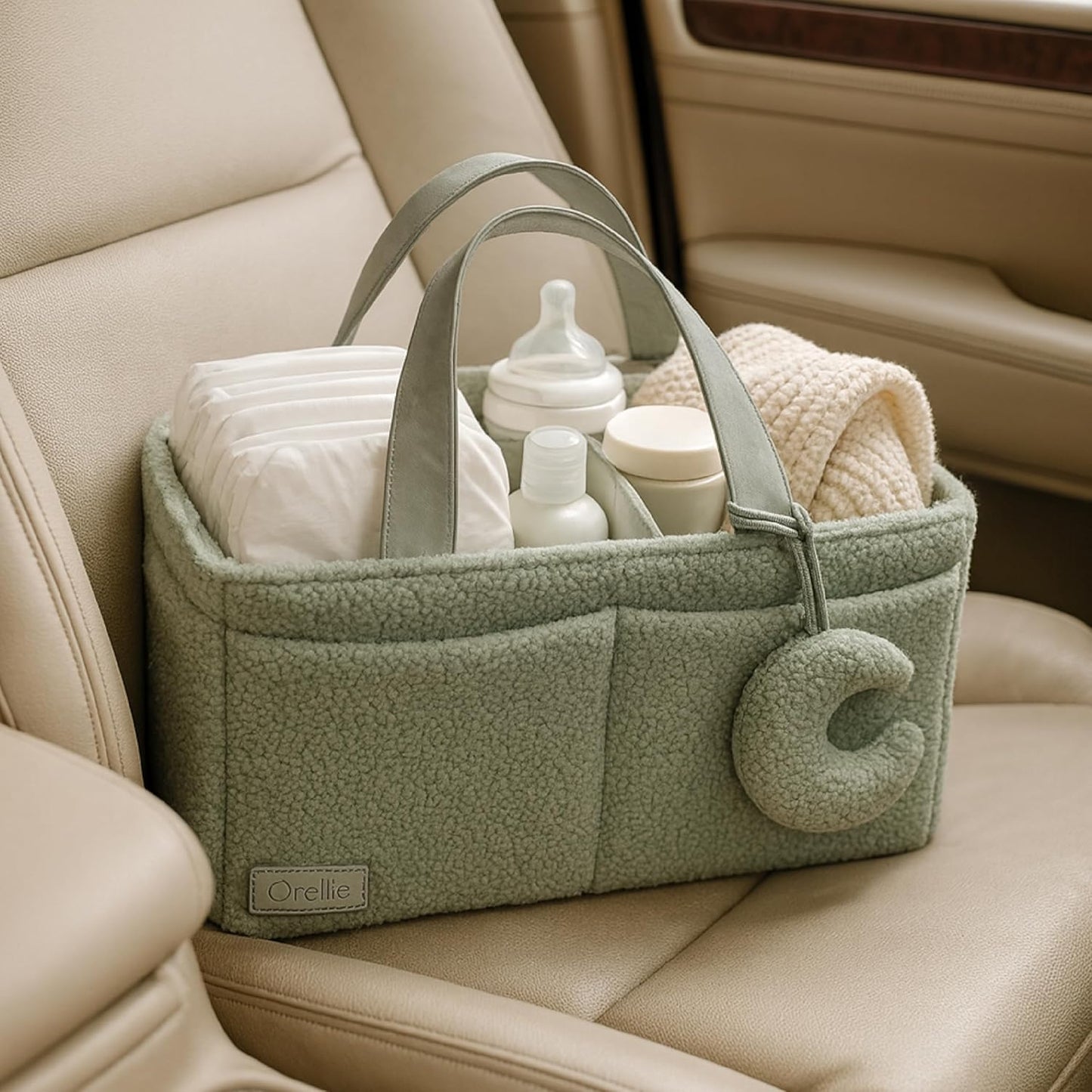Orelle Bouclé Diaper Caddy Organizer with Matching Pouch & Moon Pendant | Teddy Portable Changing Table Organizer | Must-Have Baby Shower Gifts | Cream