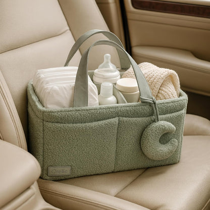 Orelle Bouclé Diaper Caddy Organizer with Matching Pouch & Moon Pendant | Teddy Portable Changing Table Organizer | Must-Have Baby Shower Gifts | Cream