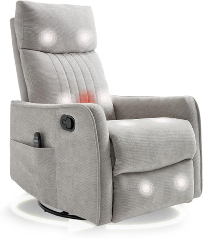 cinkehome Swivel Rocker Recliner, Glider Rocker Recliner Chair for Nursery, Manual Reclining Chair with Heated Massage, Small Spaces, Living Room, Khaki Chenille