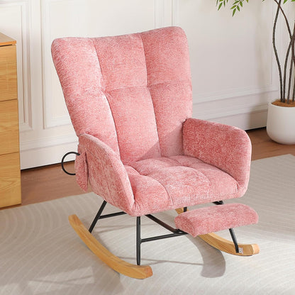 Rocking Chair Nursery with Airbag, Comfy Modern Nursery Rocking Reading Chair indoor with Footrest, Cozy Upholstered Glider Rocker Chairs for Living Room Bedroom Offices(Chenille, Dark Grey)