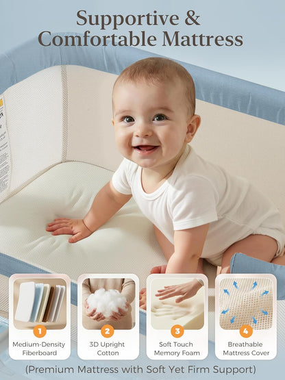 ONTHEWEI Baby Bassinet Bedside Sleeper 3-in-1, Easy Night Feeding with One-Side Fold & Rolling Wheels, Breathable Mesh, 6-Height Adjustable, Soft Mattress for Newborns