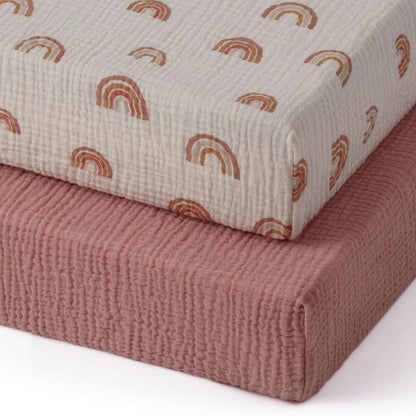 Blissful Diary Muslin Bassinet Sheets for Baby Girls Boys, Boho Soft Cotton Fitted for Oval Hourglass Rectangle Mattress, 2 Pack(Sunshine&Brown)