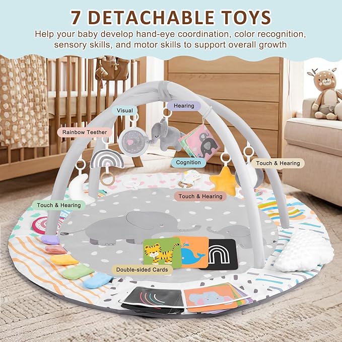 Baby Play Gym & Activity Mat, Tummy Time Mat with Cloud Toy, 7 Detachable Sensory Toys and Educational Cards for Motor Skills & Sensory Development, Baby Essentials Shower Gift, Grey Elephant