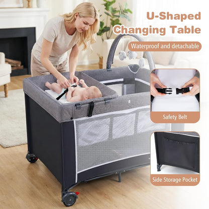 BABY JOY 3 in 1 Pack and Play, Travel Baby Crib Bassinet Bed with Bassinet, Changing Table with Safety Belt, Toy Bar, Lockable Wheels, Portable Baby Playard from Newborn to Toddler