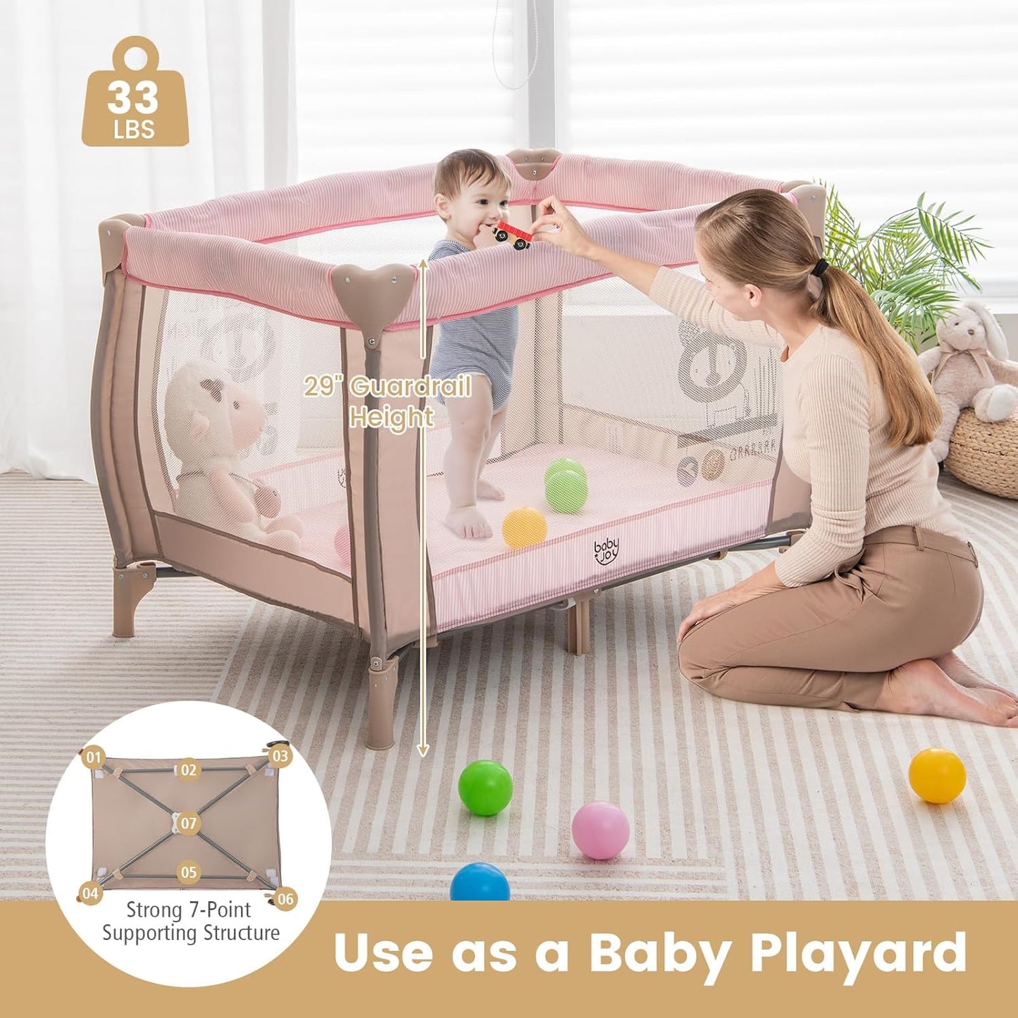 Costzon 3 in 1 Pack and Play with Bassinet, Portable Baby Playard with Changing Table, Music Box, Whirling Toys, Wheels/Brake, Basket, Foldable Infant Bassinet Crib for Baby Toddlers Indoor Outdoor