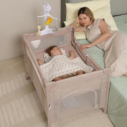 4 in 1 Pack and Play, Portable Travel Baby Bassinet, Foldable Travel Playard Playpen for Toddler, Bedside Crib Sleeper, Diaper Changer Table, Baby Playard for Newborn (Champagne)